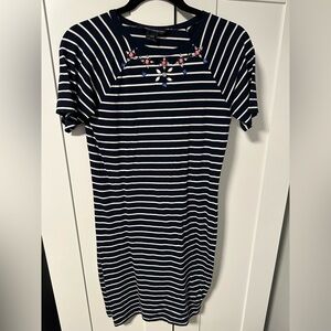 French Connection Navy and White Striped Midi Dress with Beaded Neckline